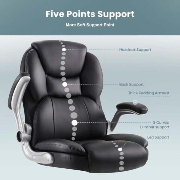 Executive Office Chair, Ergonomic Big and Tall Computer Desk Chair, High Back PU Leather Chair with Padded Flip-up Armrest, Lumbar Support Swivel Rolling Chairs (Black)