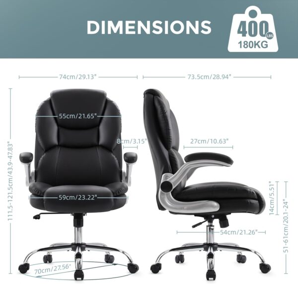 Executive Office Chair, Ergonomic Big and Tall Computer Desk Chair, High Back PU Leather Chair with Padded Flip-up Armrest, Lumbar Support Swivel Rolling Chairs (Black)