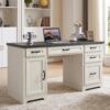 58" Farmhouse Executive Desk with Drawers, Rustic Computer Writing Desk, Wood Home Office Desk Station, Keyboard Tray, File Drawer, Storage Cabinet (Black)
