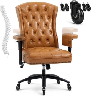 YAMASORO Ergonomic Executive Office Chair with Height-Adjustable, Home Office Desk Chairs PU Leather Swivel Work Chair, Camel