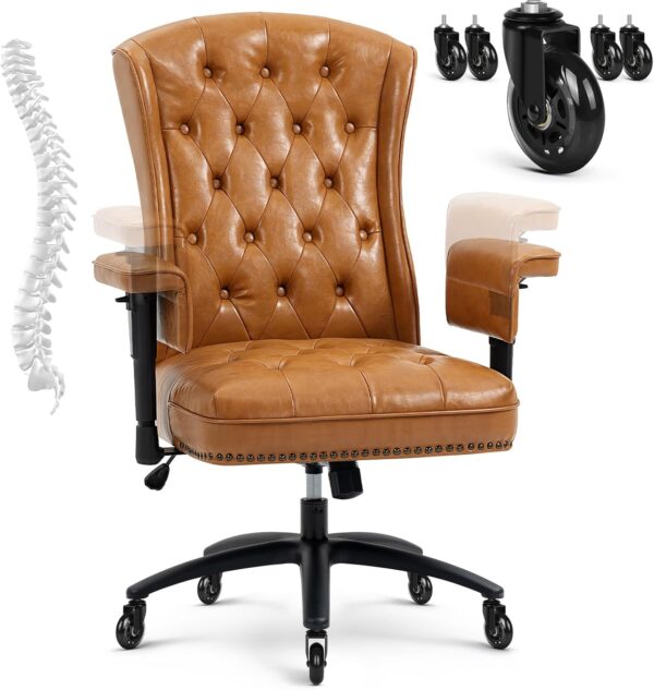 YAMASORO Ergonomic Executive Office Chair with Height-Adjustable, Home Office Desk Chairs PU Leather Swivel Work Chair, Camel