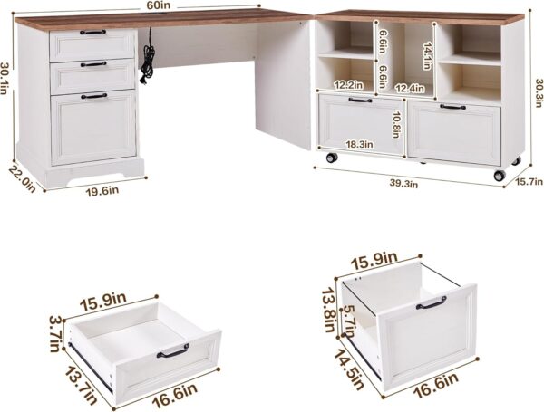 60" Farmhouse Executive Desk and 40" Mobile File Cabinet Combination,L Shaped Executive Desk with Charging Station,Home Office Desk for Office Work,Home Study