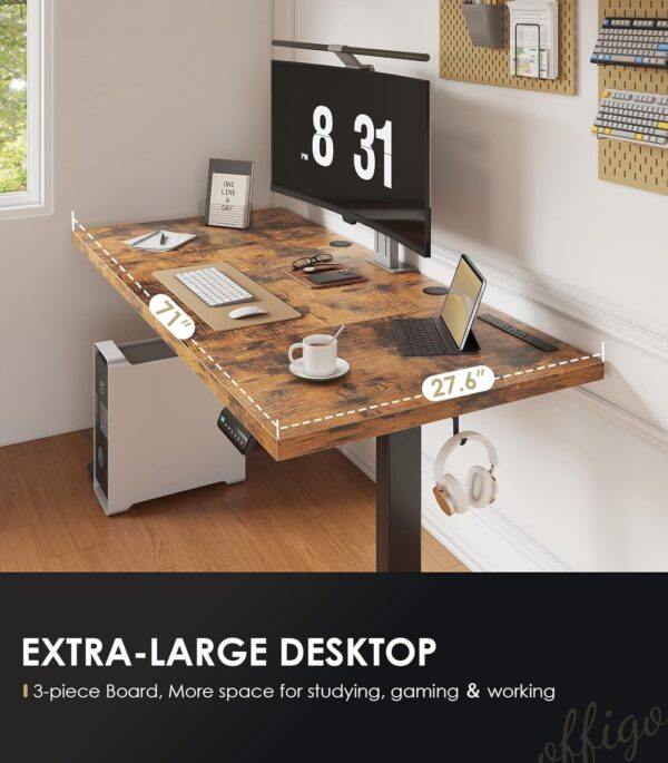 Electric Standing Desk with 3-Piece Board, 71 Inch Height Adjustable Large Desk with Power Outlets, Sit Stand Table, Writing Computer Desk for Home, Office, Workstation, Rustic Brown