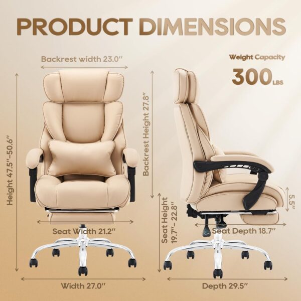 COLAMY Office Chair with Footrest-Ergonomic Computer Chair with Extra Lumbar Support Pillow, High Back Executive Desk Chair Thick Bonded Leather, Comfort Home Office Work Chair -Khaki