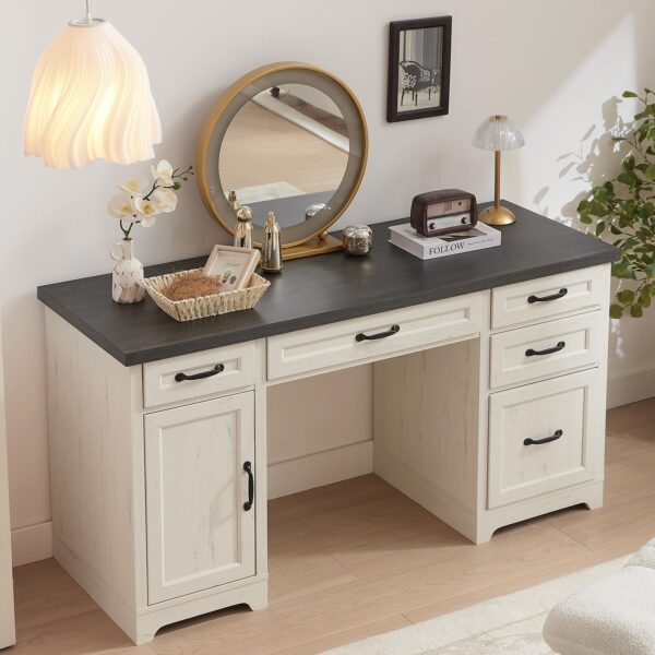 58" Farmhouse Executive Desk with Drawers, Rustic Computer Writing Desk, Wood Home Office Desk Station, Keyboard Tray, File Drawer, Storage Cabinet (Black)