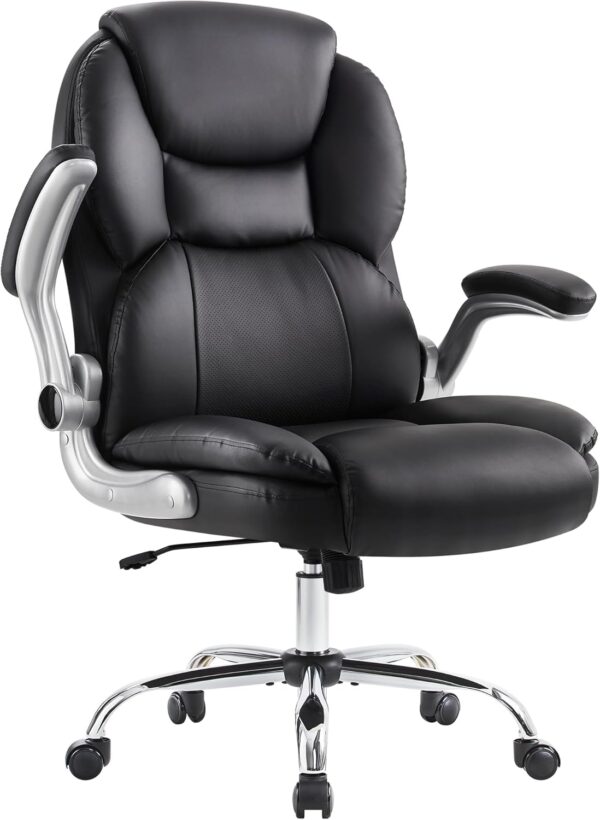 Executive Office Chair, Ergonomic Big and Tall Computer Desk Chair, High Back PU Leather Chair with Padded Flip-up Armrest, Lumbar Support Swivel Rolling Chairs (Black)