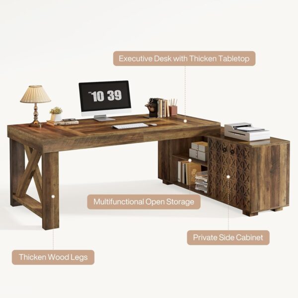 Tribesigns Farmhouse 63-Inch Executive Desk, L-Shaped Boss Desk Home Office Desks with Storage Shelves and Cabinet, Large Business Furniture Set for Home Office, Brown