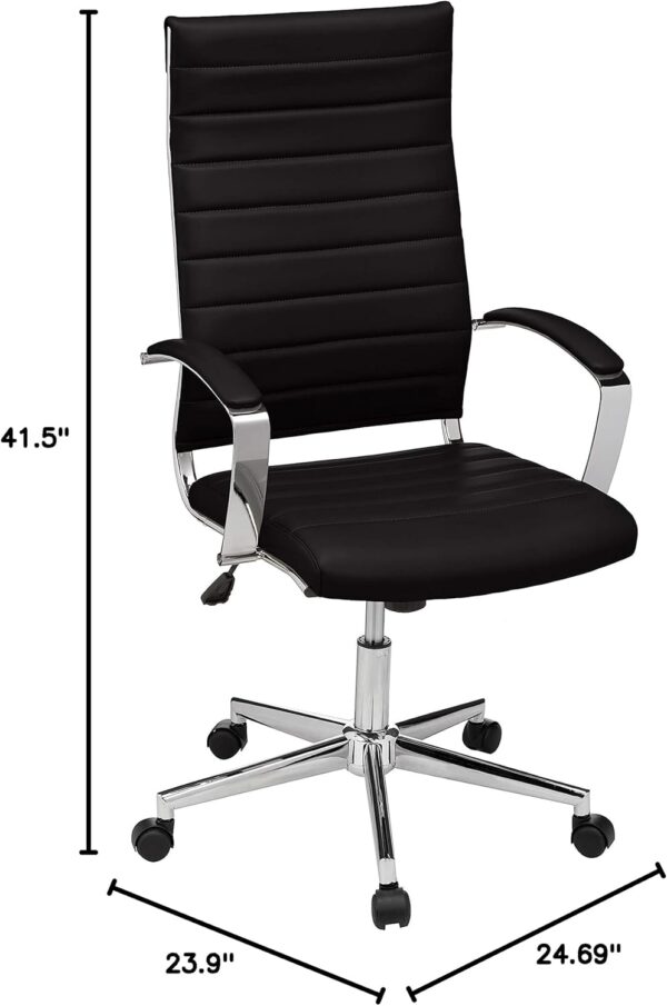 Amazon Basics High-Back Swivel Desk Chair, Ergonomic Ribbed Faux Leather Upholstery, Lumbar Support, Home Modern Style, Black, 45.25" x 24.75" x 23.25"