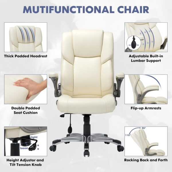 COLAMY High Back Executive Office Chair- Ergonomic Home Computer Desk Leather Chair with Padded Flip-up Arms, Adjustable Tilt Lock, Swivel Rolling Chair for Adult Working Study-Ivory