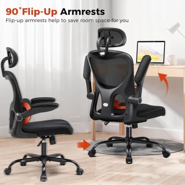 COMHOMA Ergonomic Office Desk Chair with 3D Adjustable Lumbar Support & Headrest, High Back Executive Computer Chair Comfy for Back Pain Relief, Flip-up Armrests (Black)