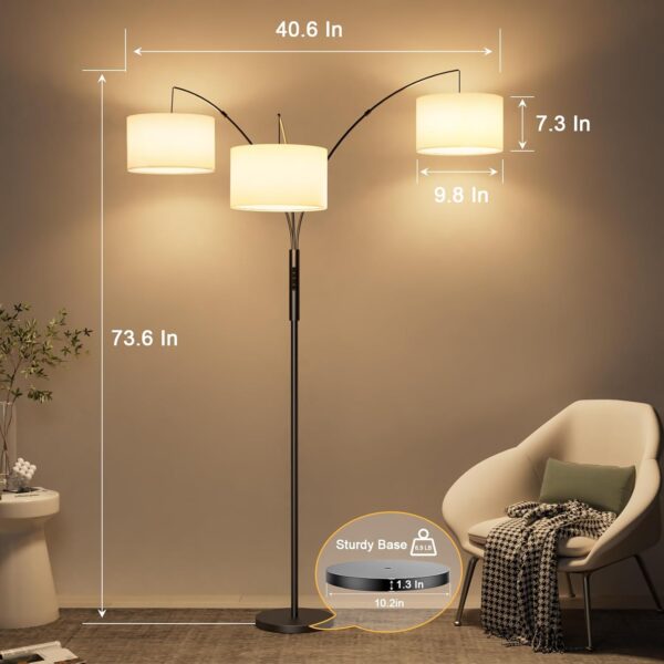 36W LED Arc Floor Lamp with 3 White Fabric Shades, 3000LM Super Bright Standing Lamp with Remote Control & Touch, Stepless Dimming, Individual Light Control for Living Room, Bedroom