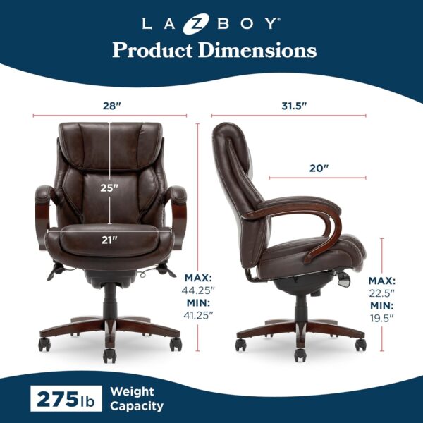 La-Z-Boy Bellamy Executive Office Chair with Memory Foam Cushions, Real Wood Arms and Swivel Base, Waterfall Seat Edge, Faux Bonded Leather, Brown