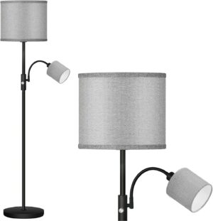 Floor Lamp Standing Lamp, Modern Living Room Lamps with Reading Light, Bright Boho Lamp with Grey Lampshade, 3-Way Rotary Switch, Black Corner Lamps for Bedroom Office (LED Bulbs Included)