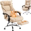 COLAMY Office Chair with Footrest-Ergonomic Computer Chair with Extra Lumbar Support Pillow, High Back Executive Desk Chair Thick Bonded Leather, Comfort Home Office Work Chair -Khaki
