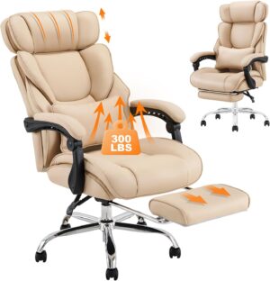 COLAMY Office Chair with Footrest-Ergonomic Computer Chair with Extra Lumbar Support Pillow, High Back Executive Desk Chair Thick Bonded Leather, Comfort Home Office Work Chair -Khaki