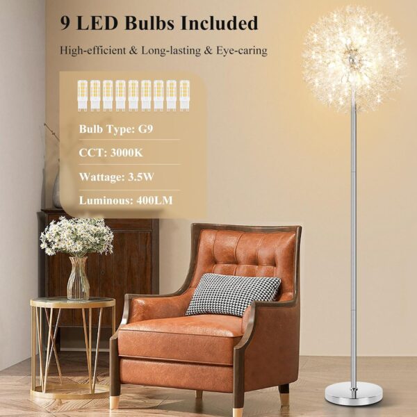 BesLowe 69'' Crystal Floor Lamp for Living Room, Modern Standing Lamp with 738PCS K9 Crystals, Tall Lamp Pole Light for Bedroom Office, Mid Century Silver Floor Lighting with 9 LED Bulbs, Chrome