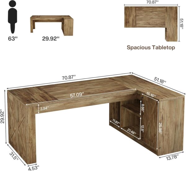 Tribesigns L-Shaped Executive Desk, 70.8-Inch Farmhouse Office Desk with File Cabinet, Large Computer Desk with Storage Shelves, Wooden Business Furniture Workstation for Home Office (Rustic Brown)