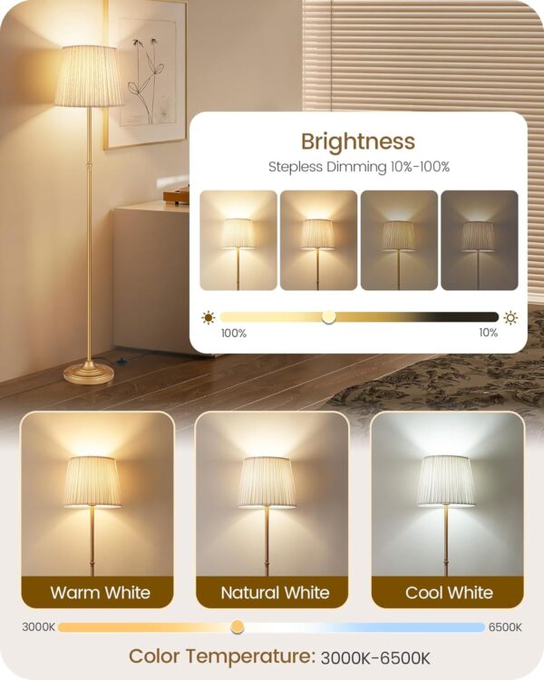 Dimmable Floor Lamp for Living Room, 68" Tall Standing Lamp, Reading Light with Remote & Foot Pedal, 10W LED Bulb (3000K-6500K) Included, FCC Listed, Reinforced Base, Gold and White DW12LD05
