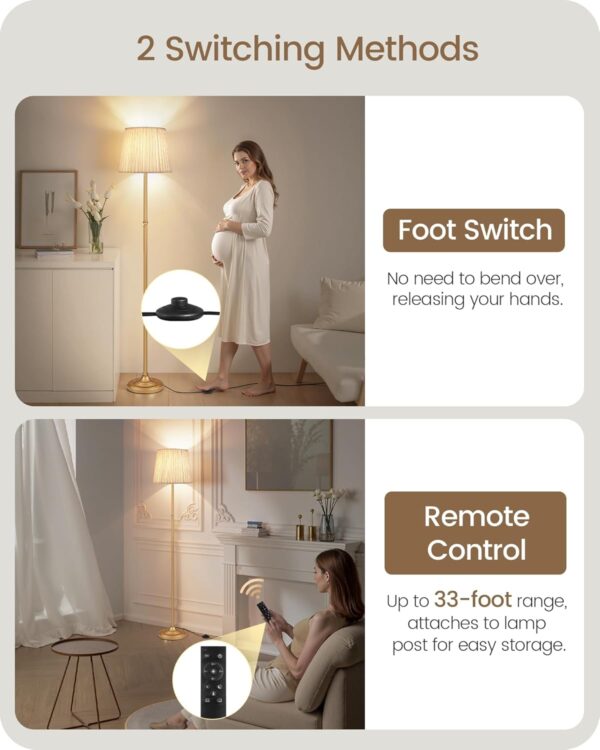 Dimmable Floor Lamp for Living Room, 68" Tall Standing Lamp, Reading Light with Remote & Foot Pedal, 10W LED Bulb (3000K-6500K) Included, FCC Listed, Reinforced Base, Gold and White DW12LD05