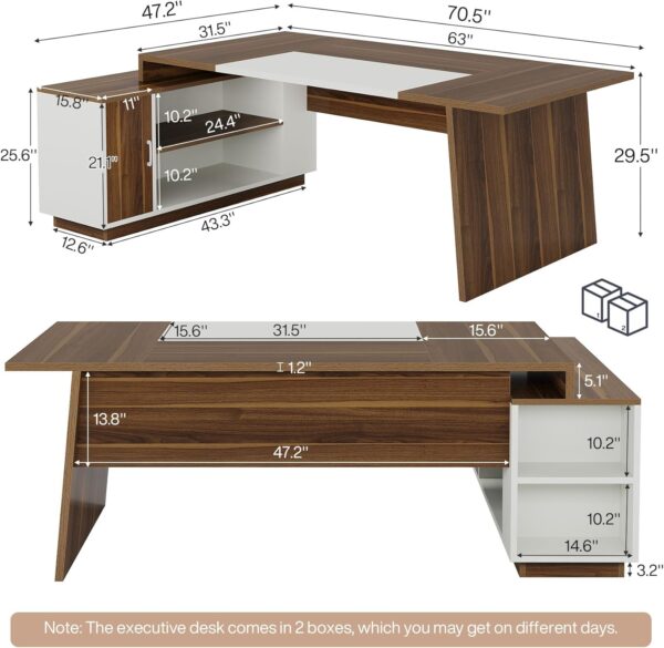 Tribesigns L-Shaped Executive Office Desk, 70.5-Inch Mid-Century Modern Executive Desk with File Cabinet and Storage Shelves, Large Computer Desk for Home Office, Brown + White