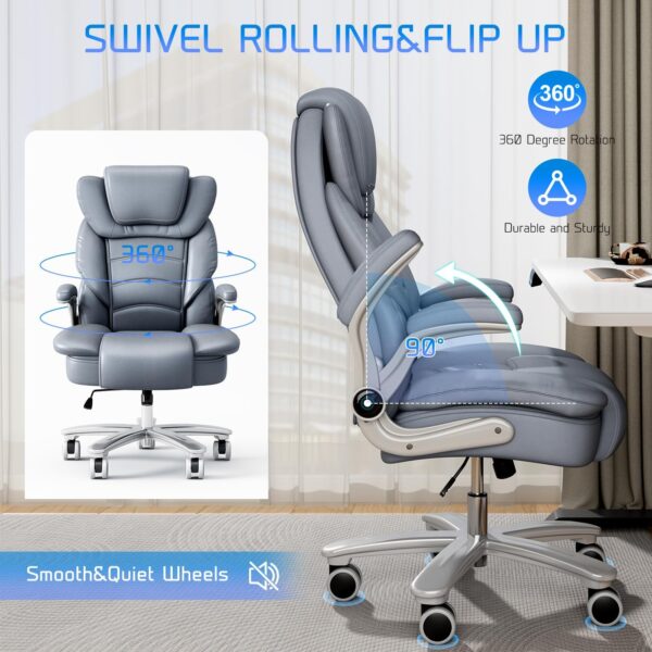 GYI Big and Tall Office Chair 400lb Wide Seat, Ergonomic High Back Leather Executive Desk Chair with Flip-up Arms, Gray/Blue