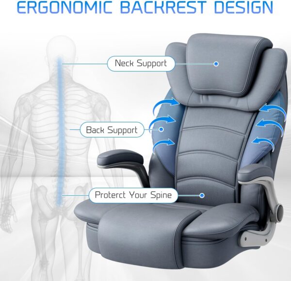 GYI Big and Tall Office Chair 400lb Wide Seat, Ergonomic High Back Leather Executive Desk Chair with Flip-up Arms, Gray/Blue