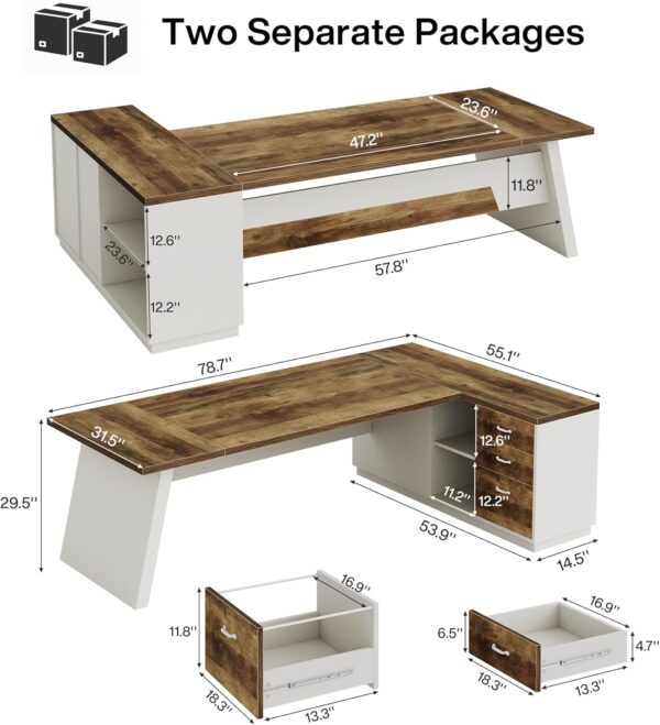 Tribesigns 78" L-Shaped Executive Desk, Large Modern Office Desk with Drawers and Lateral File Cabinet, Business Furniture with Storage Shelves, Big Computer Desk for Home Office (Brown + White)