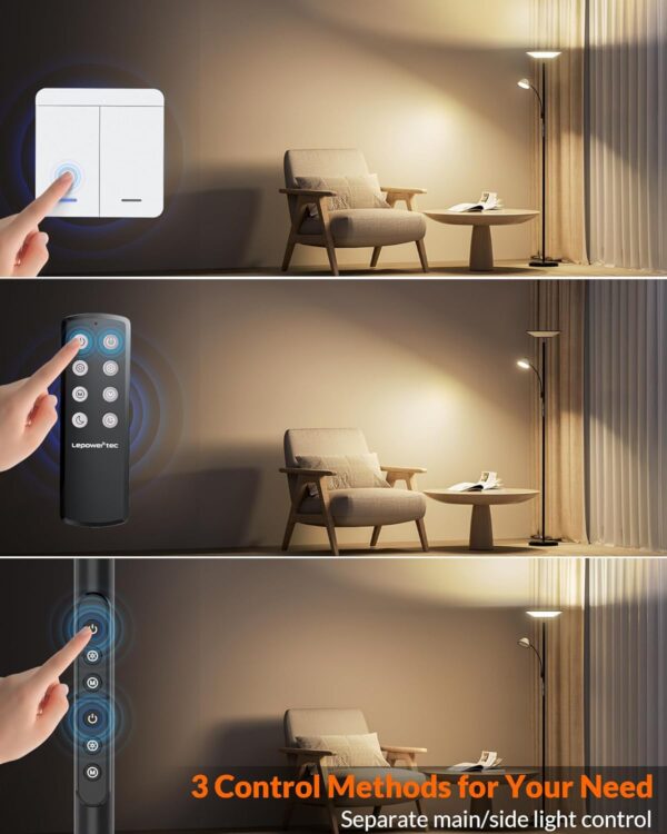 Bright Floor Lamp, Standing Lamp with Remote & Wall Switch, 60 Lighting Effects, Adjustable Torchiere Corner Light for Living Room, Bedroom, Office. Perfect for Reading & Ambiance