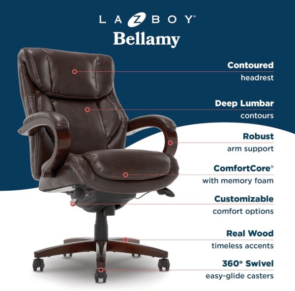 La-Z-Boy Bellamy Executive Office Chair with Memory Foam Cushions, Real Wood Arms and Swivel Base, Waterfall Seat Edge, Faux Bonded Leather, Brown