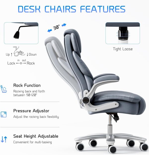 GYI Big and Tall Office Chair 400lb Wide Seat, Ergonomic High Back Leather Executive Desk Chair with Flip-up Arms, Gray/Blue