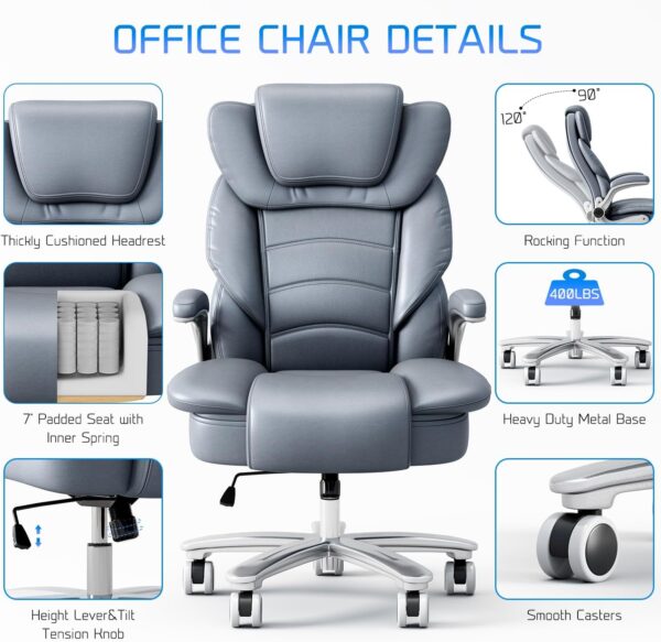 GYI Big and Tall Office Chair 400lb Wide Seat, Ergonomic High Back Leather Executive Desk Chair with Flip-up Arms, Gray/Blue