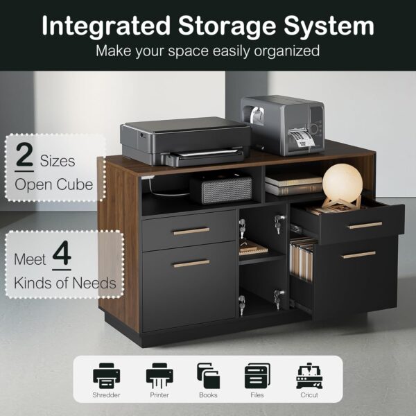 Home Office Furniture Set, 70" Electric Standing Desk with 2 Wide File Cabinet, AC/USB, Mobile File Cabinet with Lockable Wheels, Furniture Set with Multiple Functions,Black Walnut