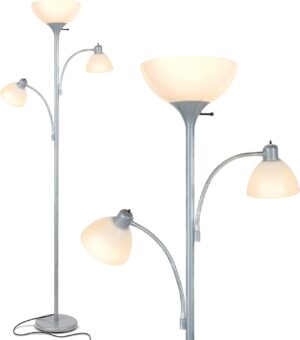 Brightech Sky Dome Double LED Floor lamp, Torchiere Super Bright Floor Lamp with 2 Reading Lamps for Living Rooms & Offices - Dimmable Tall Standing Lamp for Bedroom Reading - Tall Silver Pole