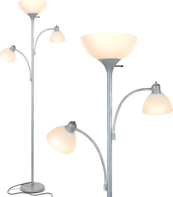 Brightech Sky Dome Double LED Floor lamp, Torchiere Super Bright Floor Lamp with 2 Reading Lamps for Living Rooms & Offices - Dimmable Tall Standing Lamp for Bedroom Reading - Tall Silver Pole