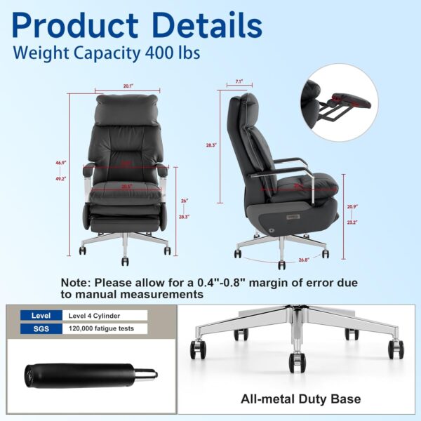 Ergonomic Executive Office Chair with Footrest – 400LBS Big and Tall PU Leather Desk Chair, One-Click Electric Recline with Massage & Pillow Support, High Back Wide Seat for Home Office (Black)