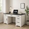 58" Farmhouse Executive Desk with Drawers, Rustic Computer Writing Desk, Wood Home Office Desk Station, Keyboard Tray, File Drawer, Storage Cabinet (Black)