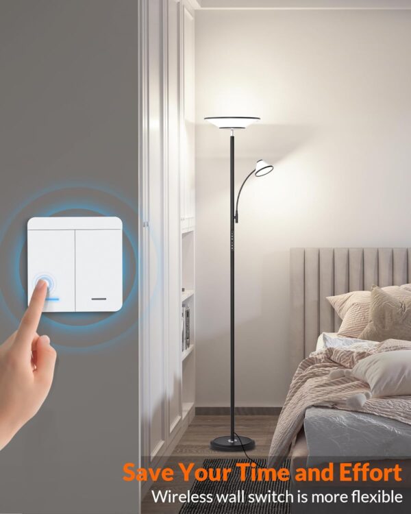 Bright Floor Lamp, Standing Lamp with Remote & Wall Switch, 60 Lighting Effects, Adjustable Torchiere Corner Light for Living Room, Bedroom, Office. Perfect for Reading & Ambiance