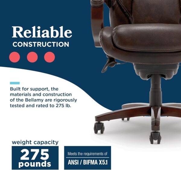 La-Z-Boy Bellamy Executive Office Chair with Memory Foam Cushions, Real Wood Arms and Swivel Base, Waterfall Seat Edge, Faux Bonded Leather, Brown
