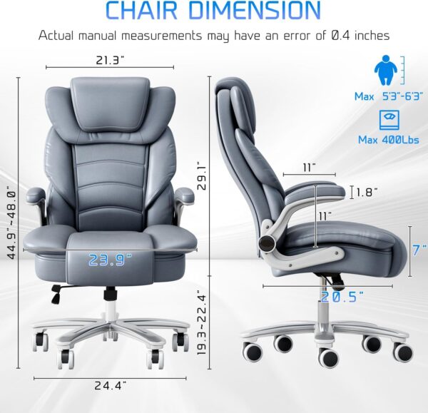 GYI Big and Tall Office Chair 400lb Wide Seat, Ergonomic High Back Leather Executive Desk Chair with Flip-up Arms, Gray/Blue