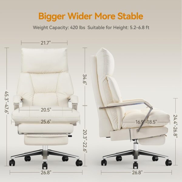 Reclining Office Chair with Footrest - 25.6" Wide Seat & Adjustable Seat Depth, Big and Tall High Back Leather Executive Home Office Desk Chair 400lbs, Cream