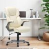 COLAMY High Back Executive Office Chair- Ergonomic Home Computer Desk Leather Chair with Padded Flip-up Arms, Adjustable Tilt Lock, Swivel Rolling Chair for Adult Working Study-Ivory