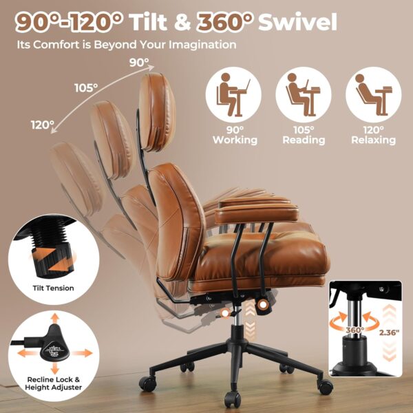 ovios Ergonomic Home Office Chair, Mid-Century Modern Faux Leather Chairs with Thickened Cushions, Comfy High Back Swivel Rolling Executive Computer Armchair (Brown, PU Leather)