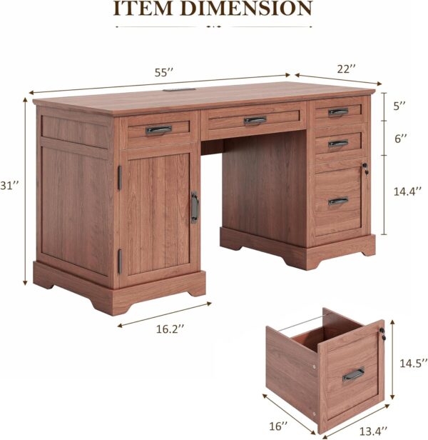 Whalefall 55'' Farmhouse Desk Home Office with Drawers, Executive Computer Desk Wooden with File Cabinet and Charging Station, Cerry Brown