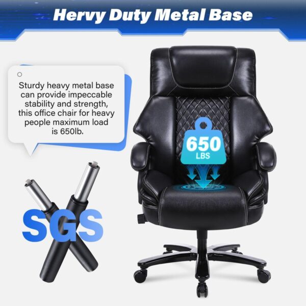 Big and Tall Office Chair 650lbs Heavy Duty Executive Chair with Adjustable Lumbar Support, Wide Seat, Ergonomic High-Back Leather Desk Chair for Heavy People