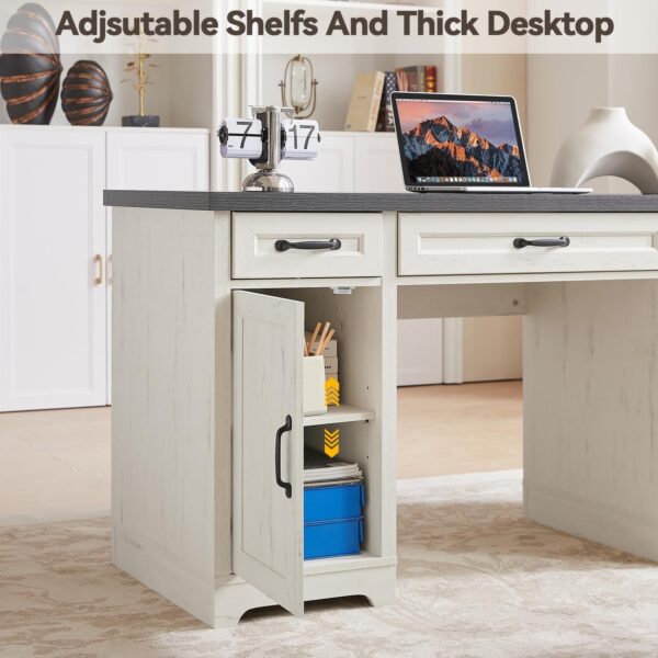 58" Farmhouse Executive Desk with Drawers, Rustic Computer Writing Desk, Wood Home Office Desk Station, Keyboard Tray, File Drawer, Storage Cabinet (Black)