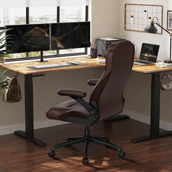 Ergonomic Executive Office Chair for Big & Tall - 500lbs Capacity with Lumbar Support & Flip-Up Armrests, Heavy Duty PU Leather Computer Desk Chair, Brown