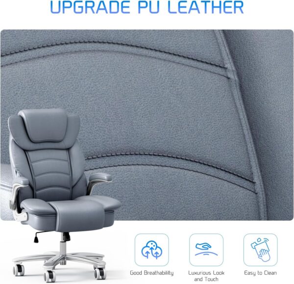 GYI Big and Tall Office Chair 400lb Wide Seat, Ergonomic High Back Leather Executive Desk Chair with Flip-up Arms, Gray/Blue