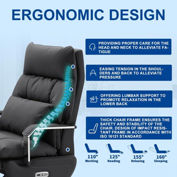 Ergonomic Executive Office Chair with Footrest – 400LBS Big and Tall PU Leather Desk Chair, One-Click Electric Recline with Massage & Pillow Support, High Back Wide Seat for Home Office (Black)