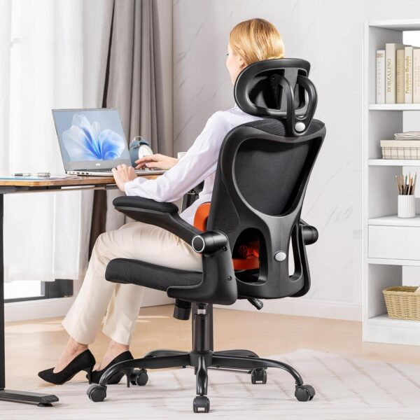 COMHOMA Ergonomic Office Desk Chair with 3D Adjustable Lumbar Support & Headrest, High Back Executive Computer Chair Comfy for Back Pain Relief, Flip-up Armrests (Black)