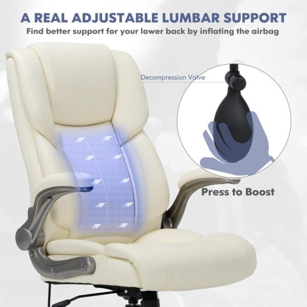 COLAMY High Back Executive Office Chair- Ergonomic Home Computer Desk Leather Chair with Padded Flip-up Arms, Adjustable Tilt Lock, Swivel Rolling Chair for Adult Working Study-Ivory